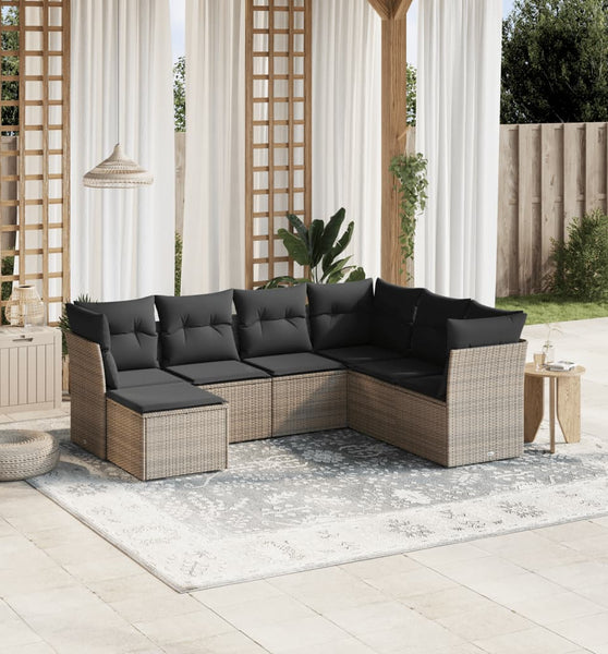 7-tlg. Garten-Sofagarnitur mit Kissen Grau Poly Rattan