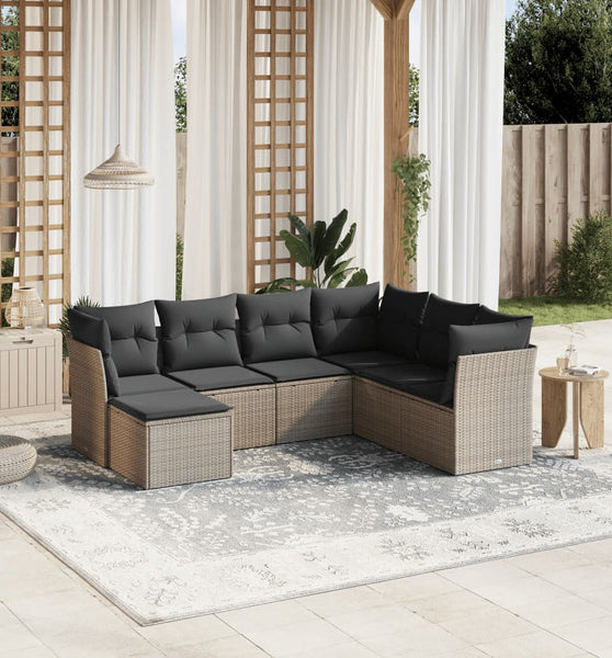 7-tlg. Garten-Sofagarnitur mit Kissen Hellgrau Poly Rattan