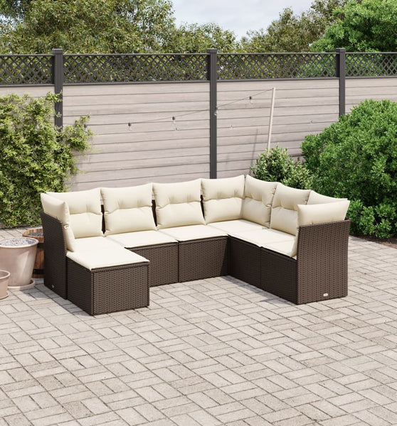 7-tlg. Garten-Sofagarnitur mit Kissen Braun Poly Rattan
