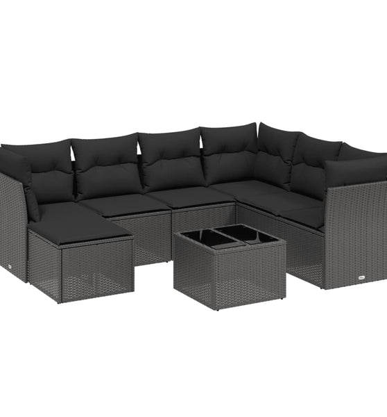 8-tlg. Garten-Sofagarnitur mit Kissen Schwarz Poly Rattan