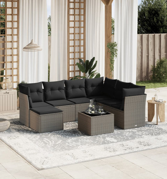 8-tlg. Garten-Sofagarnitur mit Kissen Hellgrau Poly Rattan