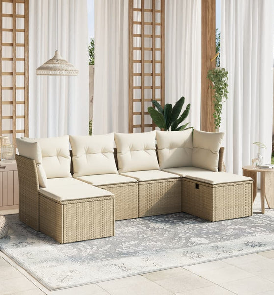 6-tlg. Garten-Sofagarnitur mit Kissen Beige Poly Rattan