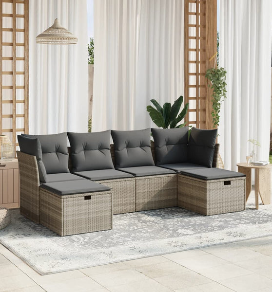 6-tlg. Garten-Sofagarnitur mit Kissen Hellgrau Poly Rattan