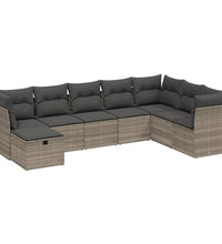 8-tlg. Garten-Sofagarnitur mit Kissen Hellgrau Poly Rattan