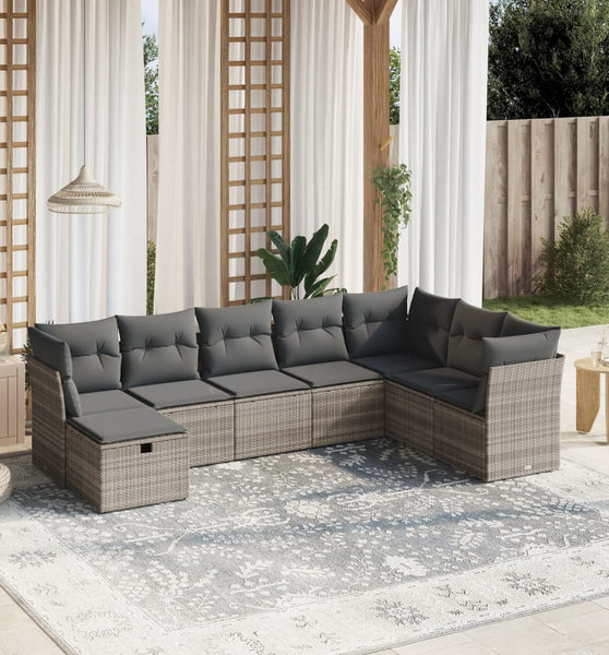 8-tlg. Garten-Sofagarnitur mit Kissen Hellgrau Poly Rattan