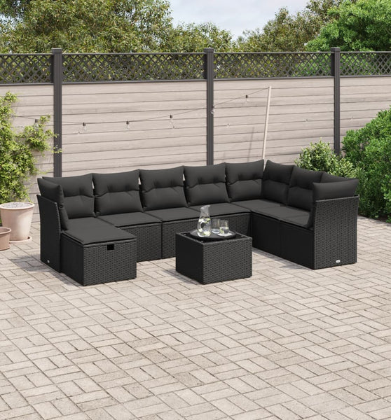 9-tlg. Garten-Sofagarnitur mit Kissen Schwarz Poly Rattan