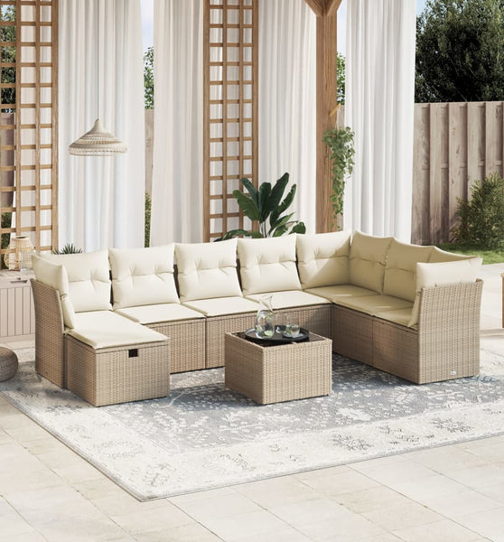 9-tlg. Garten-Sofagarnitur mit Kissen Beige Poly Rattan