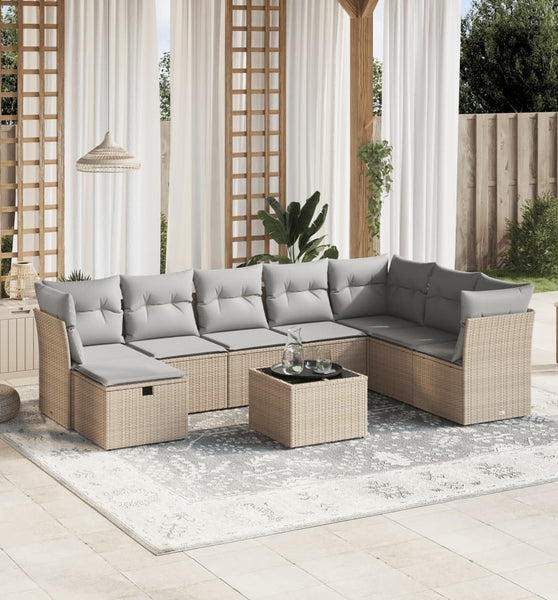 9-tlg. Garten-Sofagarnitur mit Kissen Beige Poly Rattan