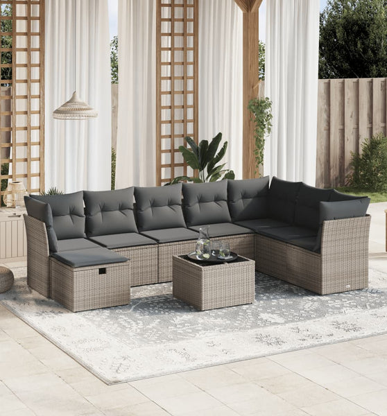 9-tlg. Garten-Sofagarnitur mit Kissen Grau Poly Rattan