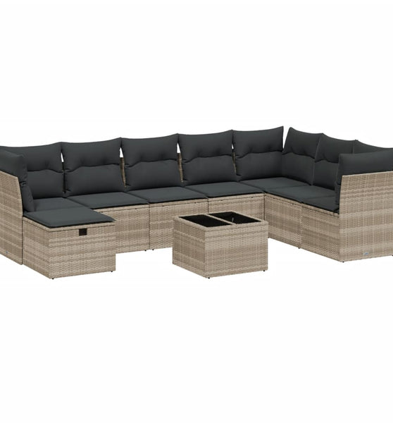 9-tlg. Garten-Sofagarnitur mit Kissen Hellgrau Poly Rattan