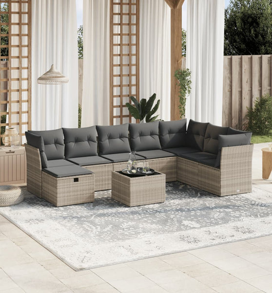 9-tlg. Garten-Sofagarnitur mit Kissen Hellgrau Poly Rattan