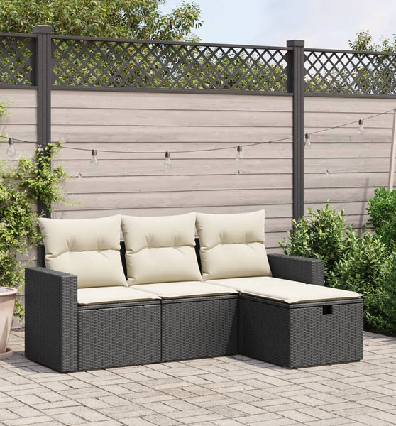 4-tlg. Garten-Sofagarnitur mit Kissen Schwarz Poly Rattan