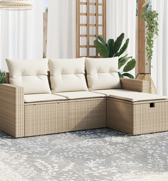 4-tlg. Garten-Sofagarnitur mit Kissen Beige Poly Rattan