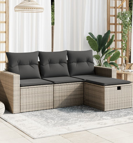 4-tlg. Garten-Sofagarnitur mit Kissen Grau Poly Rattan