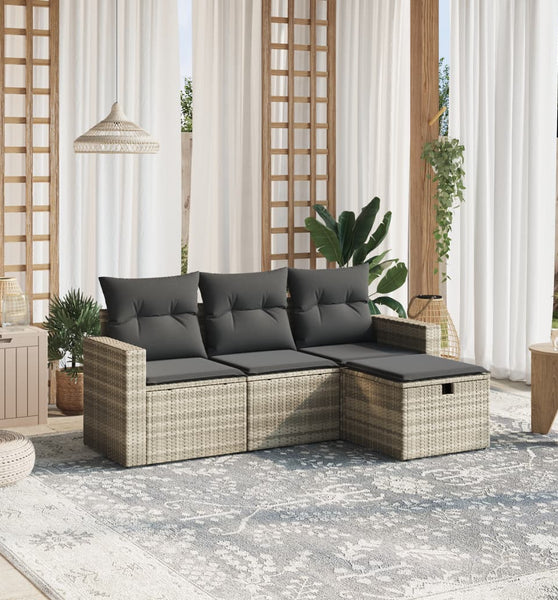 4-tlg. Garten-Sofagarnitur mit Kissen Hellgrau Poly Rattan