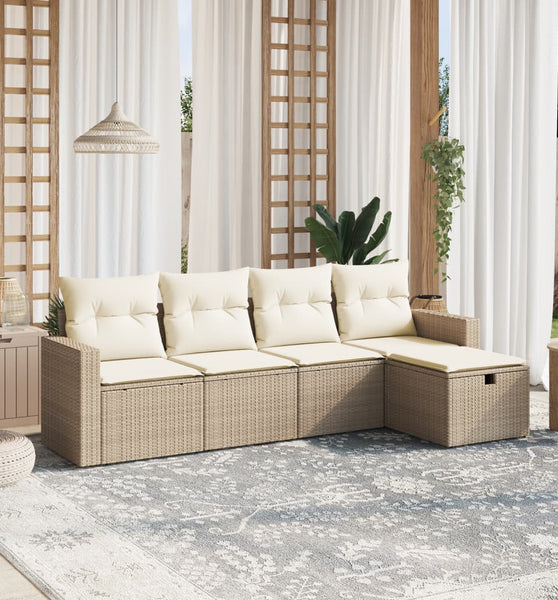 5-tlg. Garten-Sofagarnitur mit Kissen Beige Poly Rattan