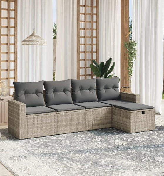 5-tlg. Garten-Sofagarnitur mit Kissen Hellgrau Poly Rattan