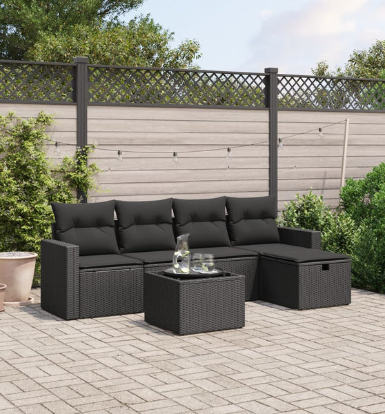 6-tlg. Garten-Sofagarnitur mit Kissen Schwarz Poly Rattan
