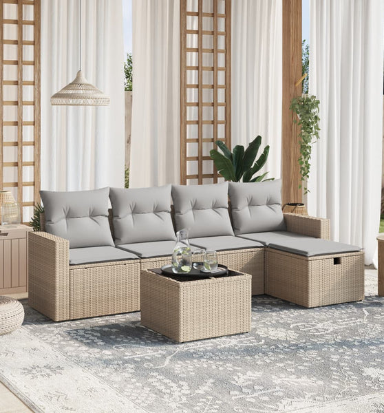 6-tlg. Garten-Sofagarnitur mit Kissen Beige Poly Rattan