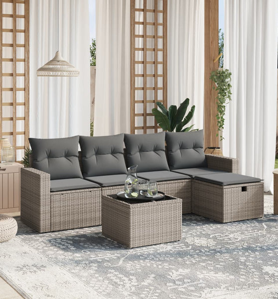 6-tlg. Garten-Sofagarnitur mit Kissen Grau Poly Rattan