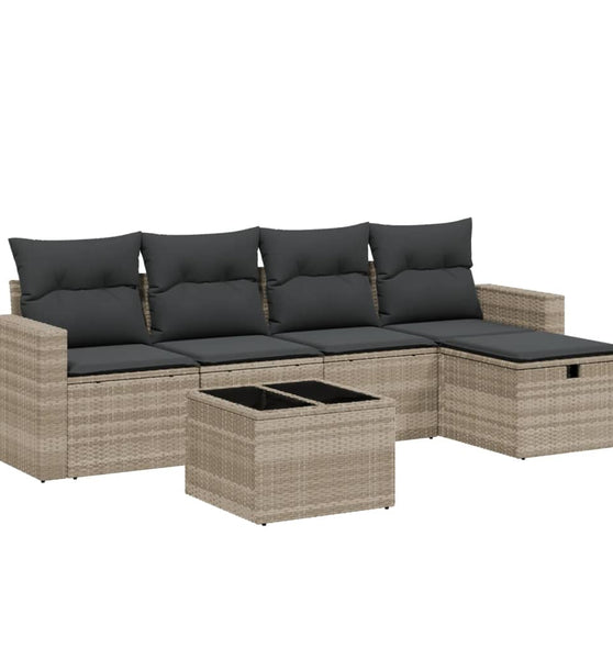 6-tlg. Garten-Sofagarnitur mit Kissen Hellgrau Poly Rattan