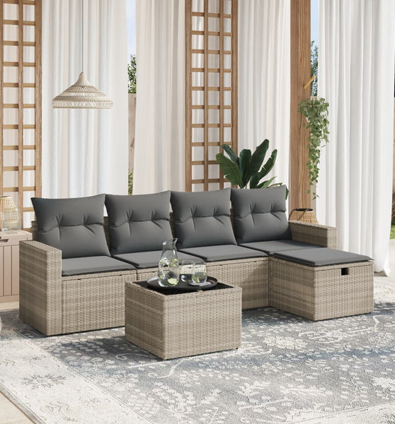 6-tlg. Garten-Sofagarnitur mit Kissen Hellgrau Poly Rattan