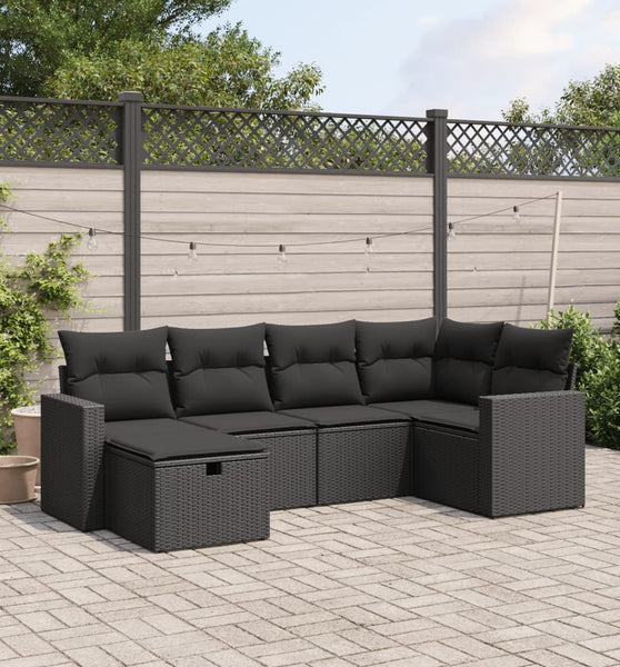 6-tlg. Garten-Sofagarnitur mit Kissen Schwarz Poly Rattan