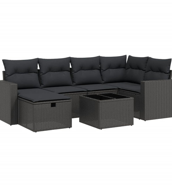 7-tlg. Garten-Sofagarnitur mit Kissen Schwarz Poly Rattan