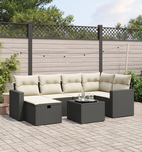 7-tlg. Garten-Sofagarnitur mit Kissen Schwarz Poly Rattan