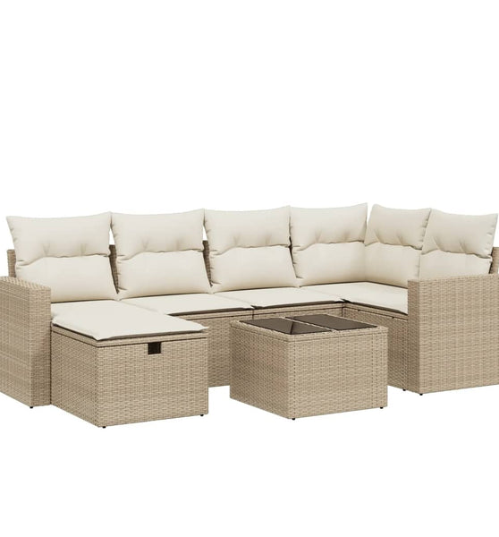 7-tlg. Garten-Sofagarnitur mit Kissen Beige Poly Rattan