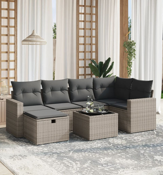 7-tlg. Garten-Sofagarnitur mit Kissen Grau Poly Rattan