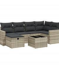 7-tlg. Garten-Sofagarnitur mit Kissen Hellgrau Poly Rattan