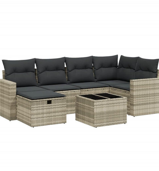 7-tlg. Garten-Sofagarnitur mit Kissen Hellgrau Poly Rattan