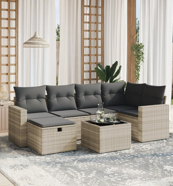 7-tlg. Garten-Sofagarnitur mit Kissen Hellgrau Poly Rattan