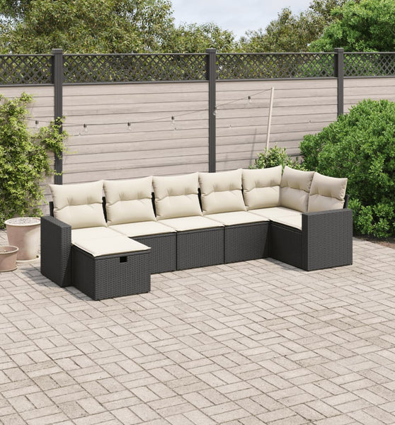 7-tlg. Garten-Sofagarnitur mit Kissen Schwarz Poly Rattan