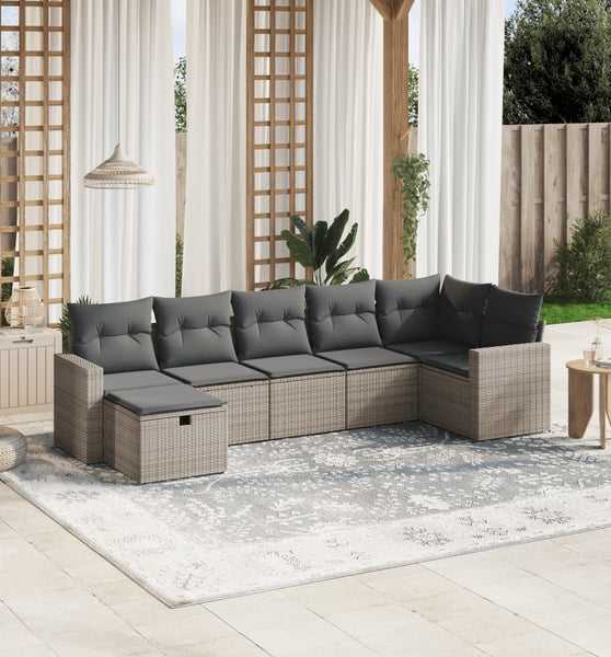 7-tlg. Garten-Sofagarnitur mit Kissen Grau Poly Rattan