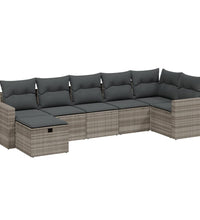 7-tlg. Garten-Sofagarnitur mit Kissen Hellgrau Poly Rattan