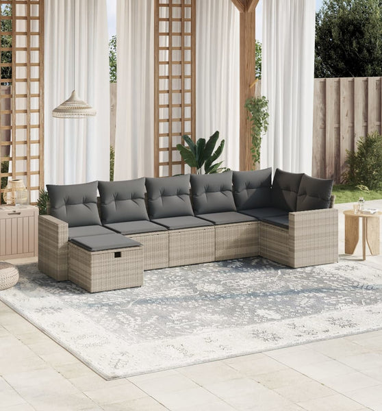 7-tlg. Garten-Sofagarnitur mit Kissen Hellgrau Poly Rattan