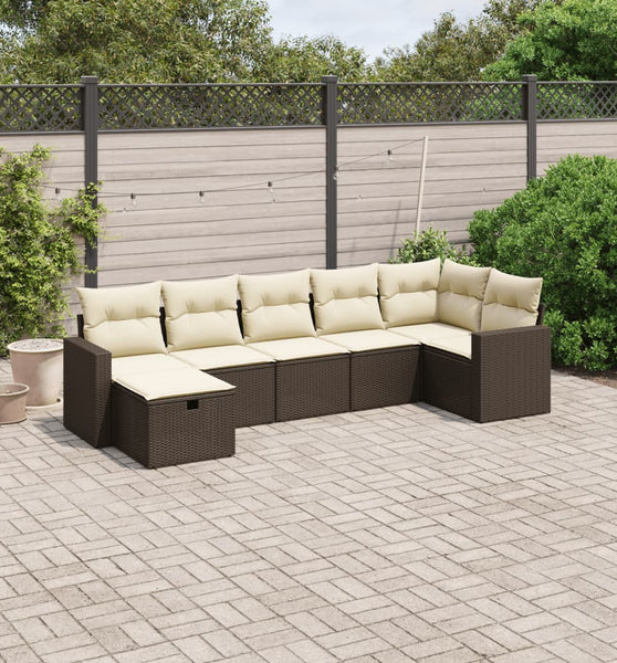 7-tlg. Garten-Sofagarnitur mit Kissen Braun Poly Rattan