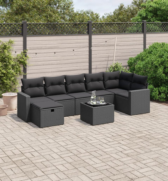 8-tlg. Garten-Sofagarnitur mit Kissen Schwarz Poly Rattan