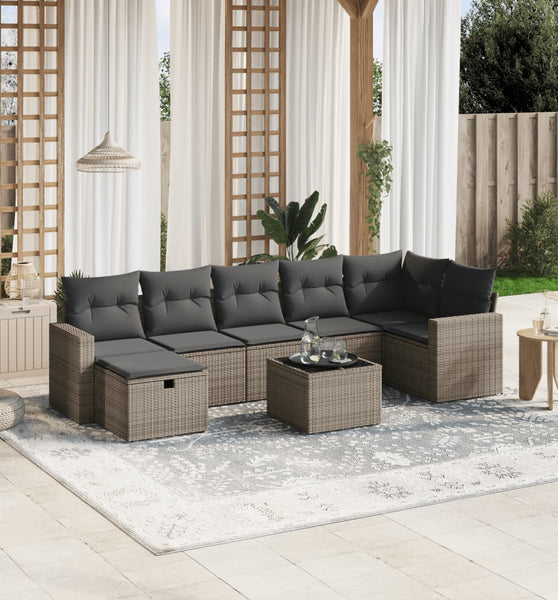 8-tlg. Garten-Sofagarnitur mit Kissen Grau Poly Rattan