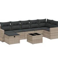 8-tlg. Garten-Sofagarnitur mit Kissen Hellgrau Poly Rattan
