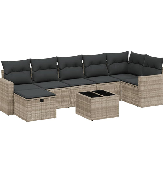 8-tlg. Garten-Sofagarnitur mit Kissen Hellgrau Poly Rattan