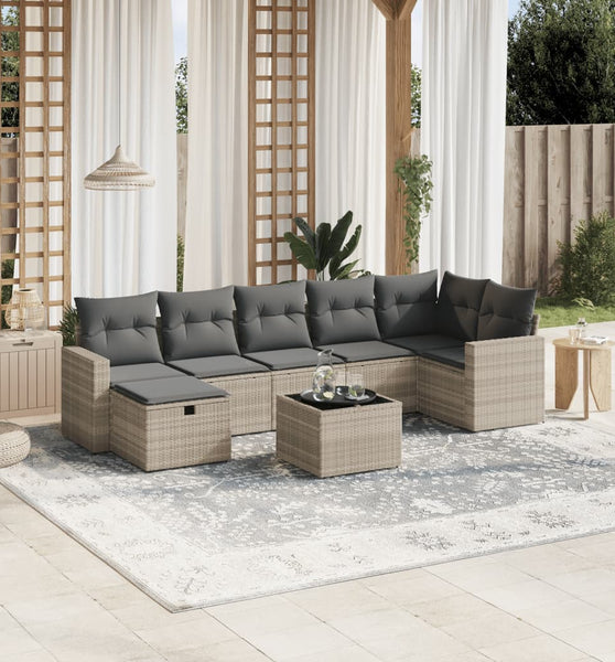 8-tlg. Garten-Sofagarnitur mit Kissen Hellgrau Poly Rattan