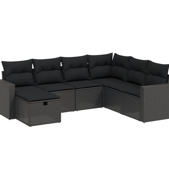 7-tlg. Garten-Sofagarnitur mit Kissen Schwarz Poly Rattan