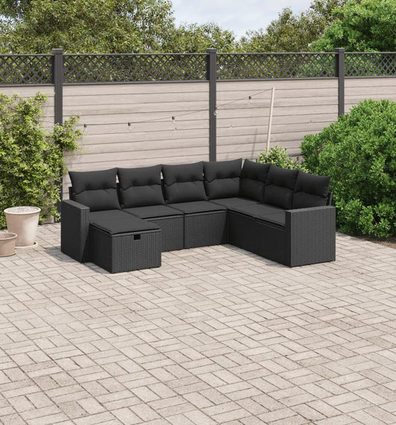 7-tlg. Garten-Sofagarnitur mit Kissen Schwarz Poly Rattan