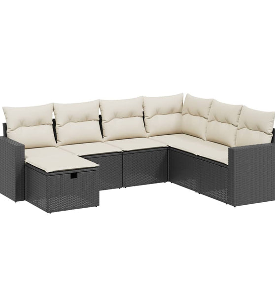 7-tlg. Garten-Sofagarnitur mit Kissen Schwarz Poly Rattan