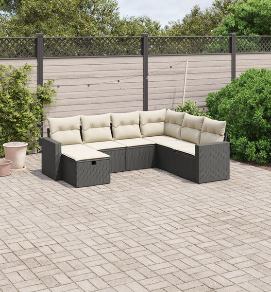 7-tlg. Garten-Sofagarnitur mit Kissen Schwarz Poly Rattan