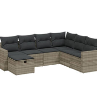 7-tlg. Garten-Sofagarnitur mit Kissen Hellgrau Poly Rattan