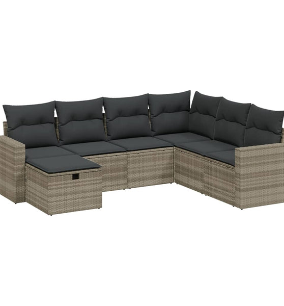 7-tlg. Garten-Sofagarnitur mit Kissen Hellgrau Poly Rattan